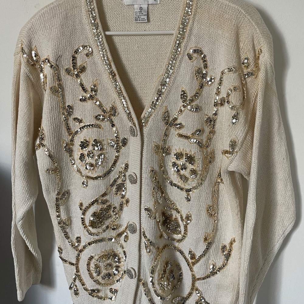 Victoria Harbour Embellished Vintage Cardigan | Beaded Ivory Statement Sweater |